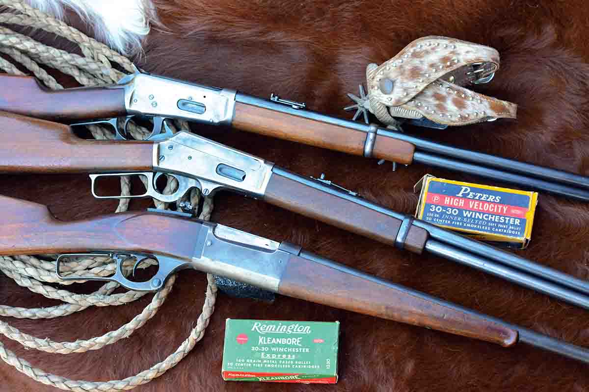The 30-30 Winchester has been offered in many different rifles, but lever actions are by far the most popular. Vintage rifles include the (top to bottom): Winchester Model 1894 Saddle Ring Carbine, Marlin Model 1893 Carbine and Savage Model 1899.